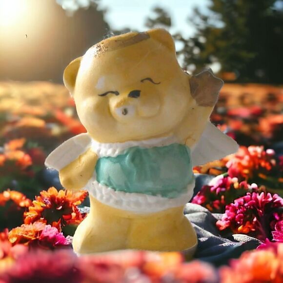 Vintage Ceramic Teddy Bear Ornament Handpainted 1980s Guardian Angel Wings - Picture 1 of 16